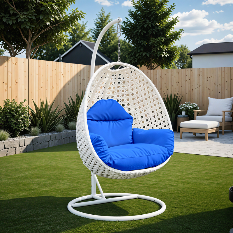 Angle. LeisureMod - LeisureMod Modern Handwoven White Wicker Egg Swing Chair with Stand - Single Hanging Indoor/Outdoor Chair for Patio - Blue.