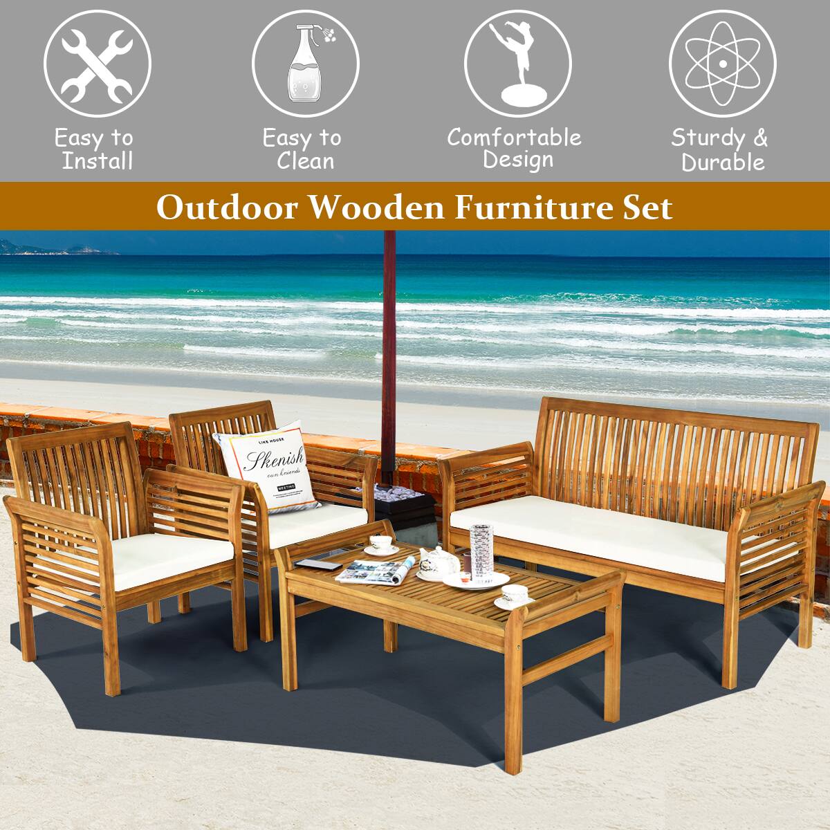 Easy to Install, Easy to Clean, Comfortable Design, Sturdy & Durable, Outdoor Wooden Furniture Set