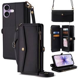 Dteck - Crossbody Wallet Case for Apple iPhone 17 with Zipper Purse, Shockproof Protective Cover with Kickstand - Black