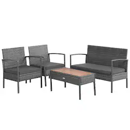 Costway - 4PCS Patio Rattan Furniture Set Cushioned Chair Wooden Tabletop - Gray