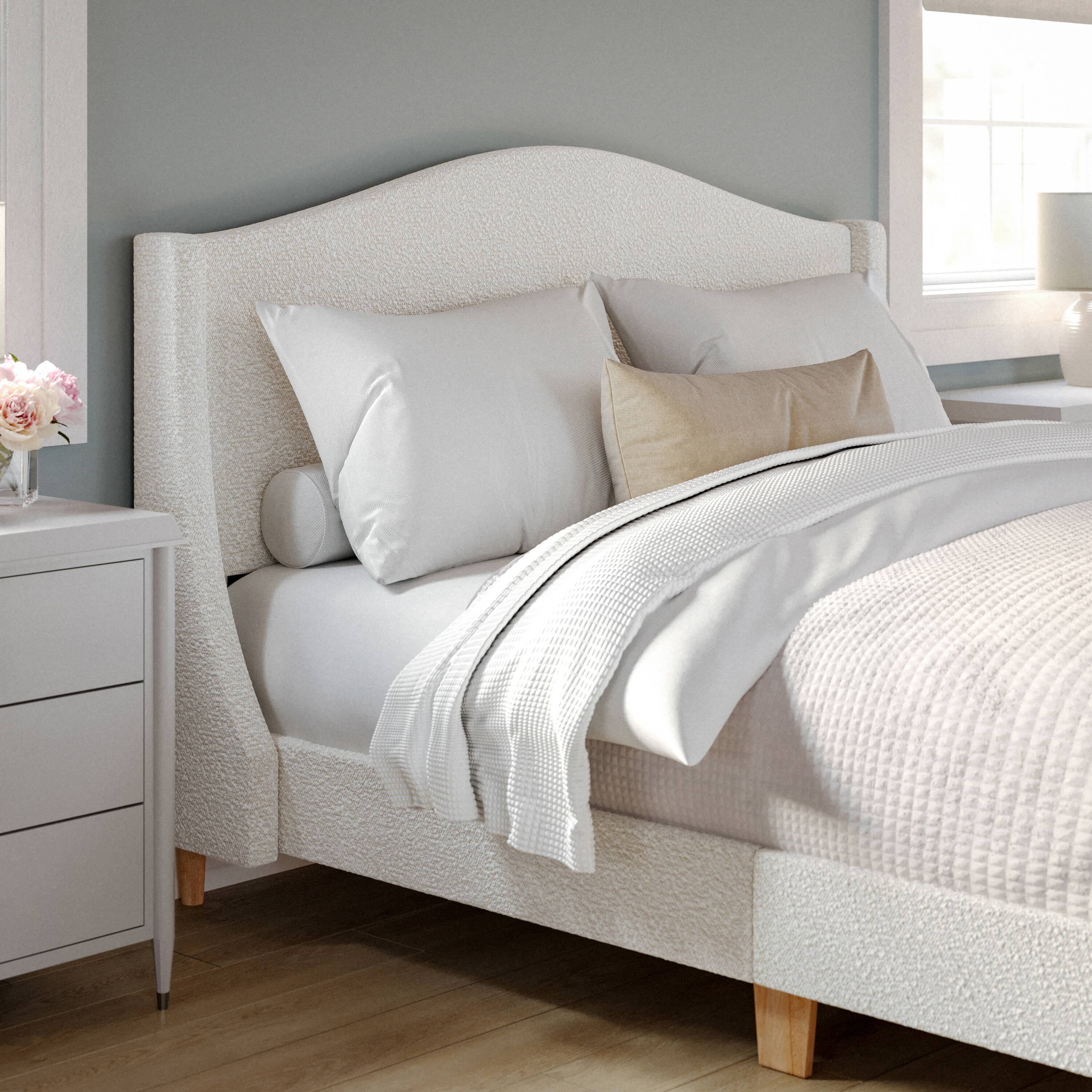 Alt View 4. Martha Stewart - Upholstered Platform Bed with Curved Headboard - Off-White Boucle/Light Beech Legs.