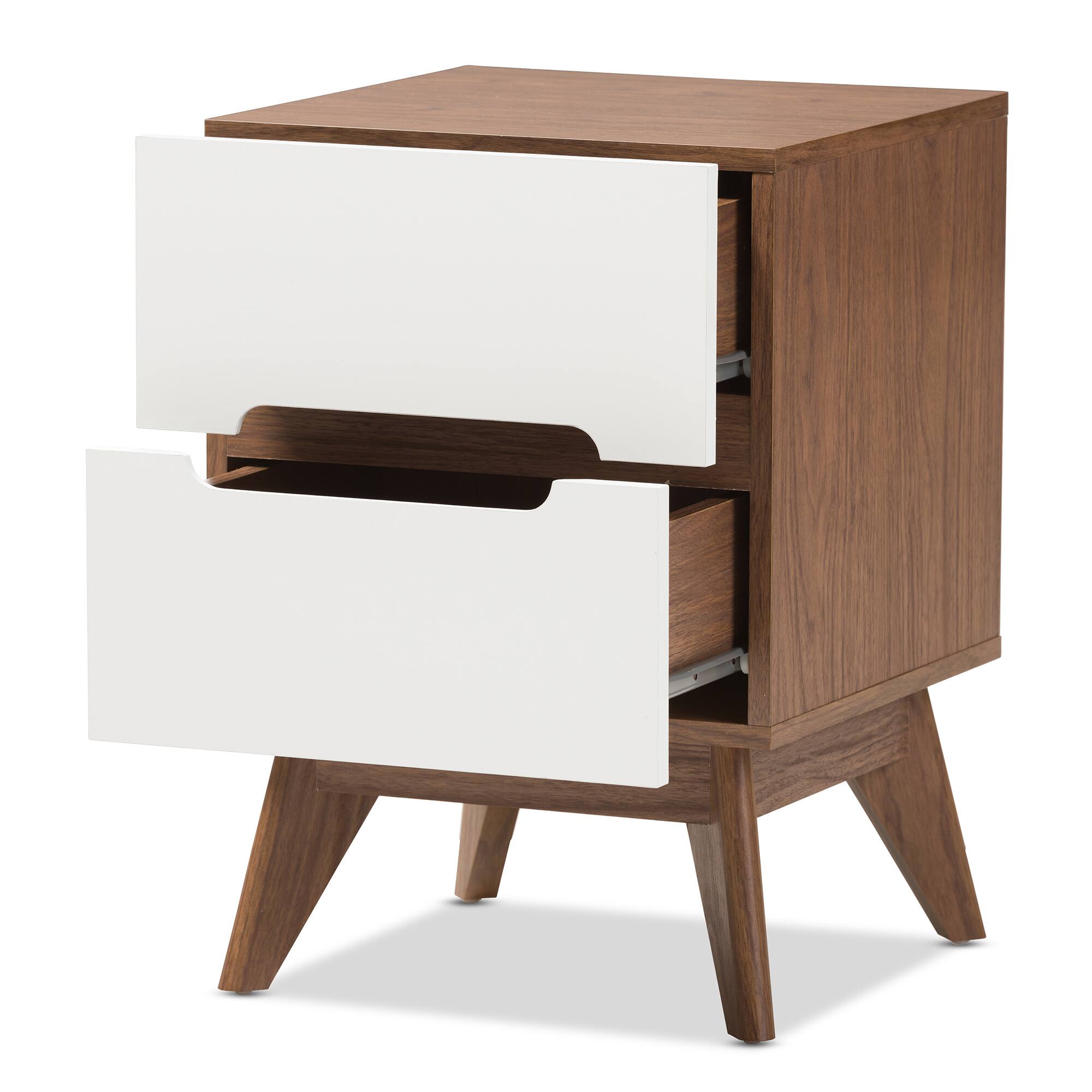 Angle. Baxton Studio - Calypso Mid-Century Modern Wood 2-Drawer Storage Nightstand - White/"Walnut" Brown.