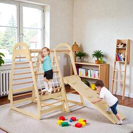 BreeBe - Multi-Activity Wooden Indoor Gym for Kids with Slide & Climb Net - Natural