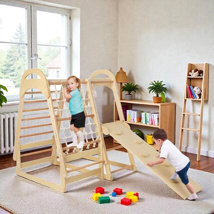 Front. BreeBe - Multi-Activity Wooden Indoor Gym for Kids with Slide & Climb Net - Natural.