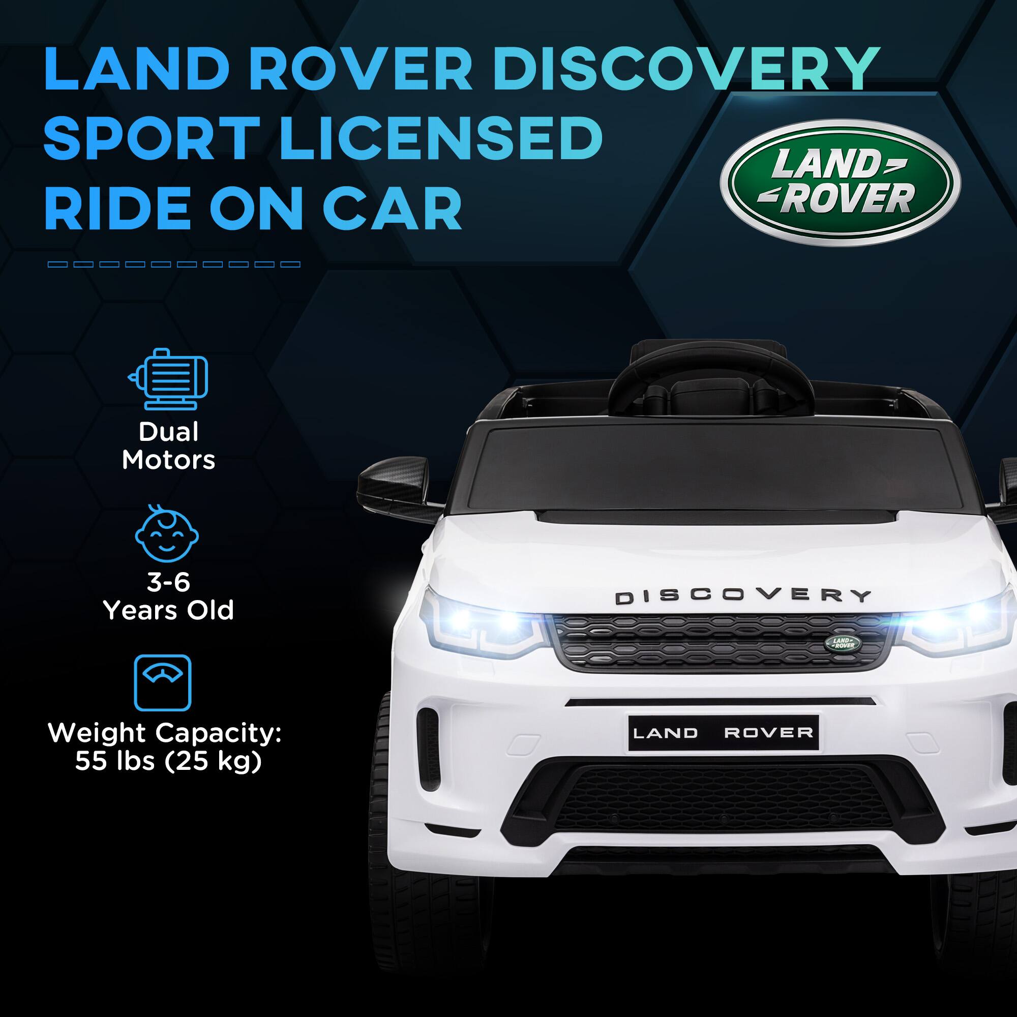 LAND ROVER DISCOVERY  
SPORT LICENSED  
RIDE ON CAR  

Dual Motors  
3-6 Years Old  
Weight Capacity: 55 lbs (25 kg)