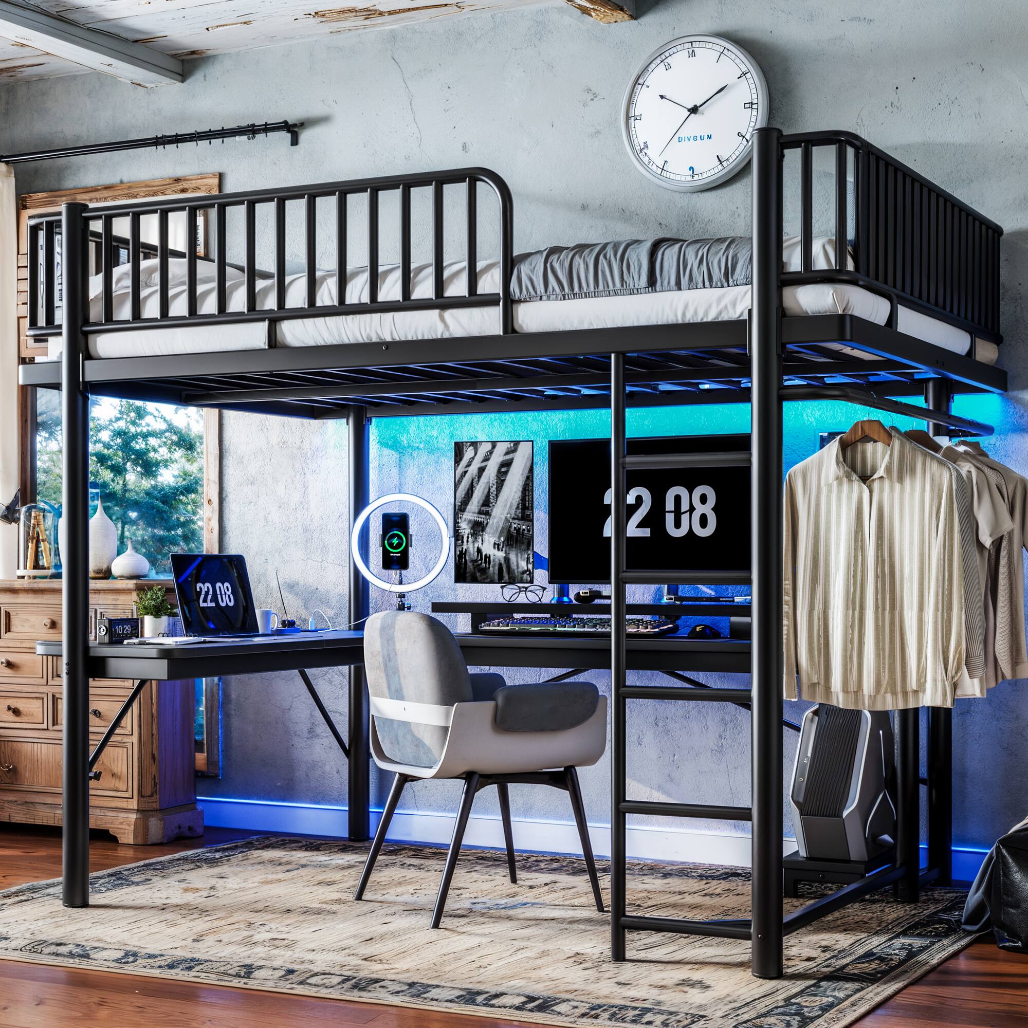 Angle. Anysun - Queen Metal Loft Bed with L-Shaped Desk, LED Lights, Charge Station, Computer Tray & Hanging Area, Round Pipe Design - Black.