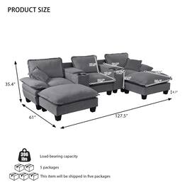 Roomtec - Modular Cloud Couch UShape Sailboat Sofa with Cup Holders Storage USB Port 2 Ottomans 2 Pillows Chenille for Apartment - Gray