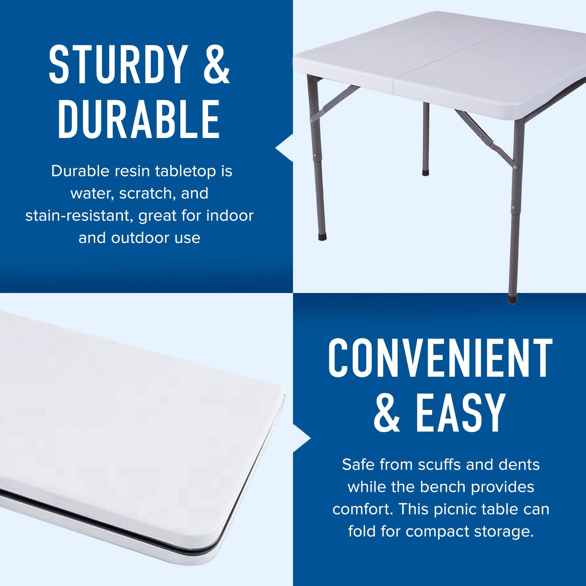 **STURDY & DURABLE**  
Durable resin tabletop is water, scratch, and stain-resistant, great for indoor and outdoor use.

**CONVENIENT & EASY**  
Safe from scuffs and dents while the bench provides comfort. This picnic table can fold for compact storage.