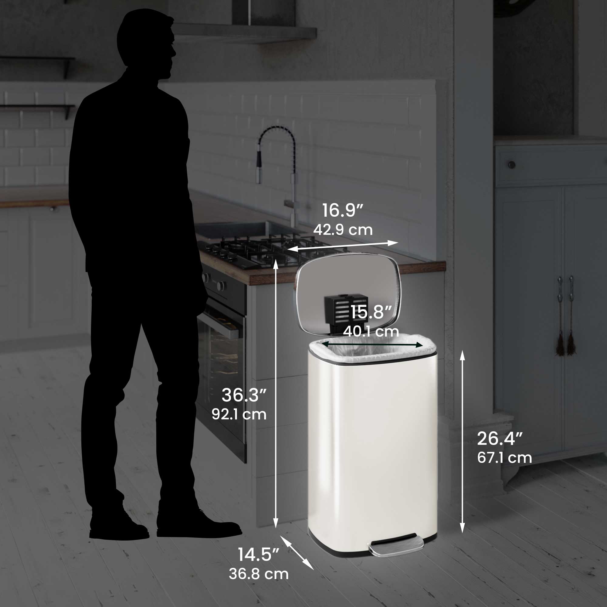 16.9" 42.9 cm  
15.8" 40.1 cm  
36.3" 92.1 cm  
26.4" 67.1 cm  
14.5" 36.8 cm