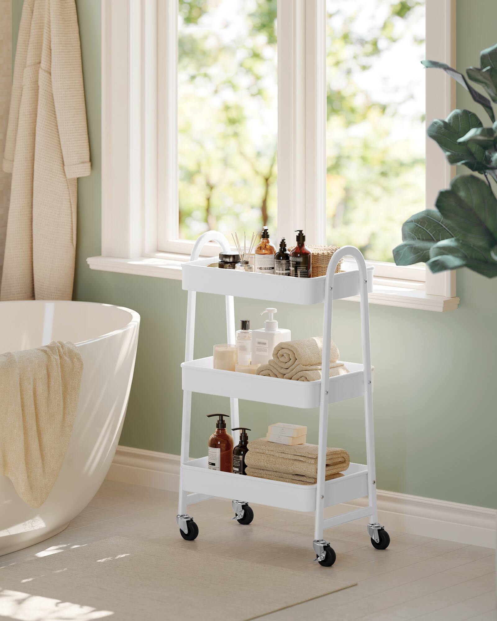 Angle. Songmics Home - 3-Tier Rolling Cart, Metal Storage Cart, Kitchen Storage Trolley with 2 Brakes and Handles, Utility Cart, Easy Assembly - White.