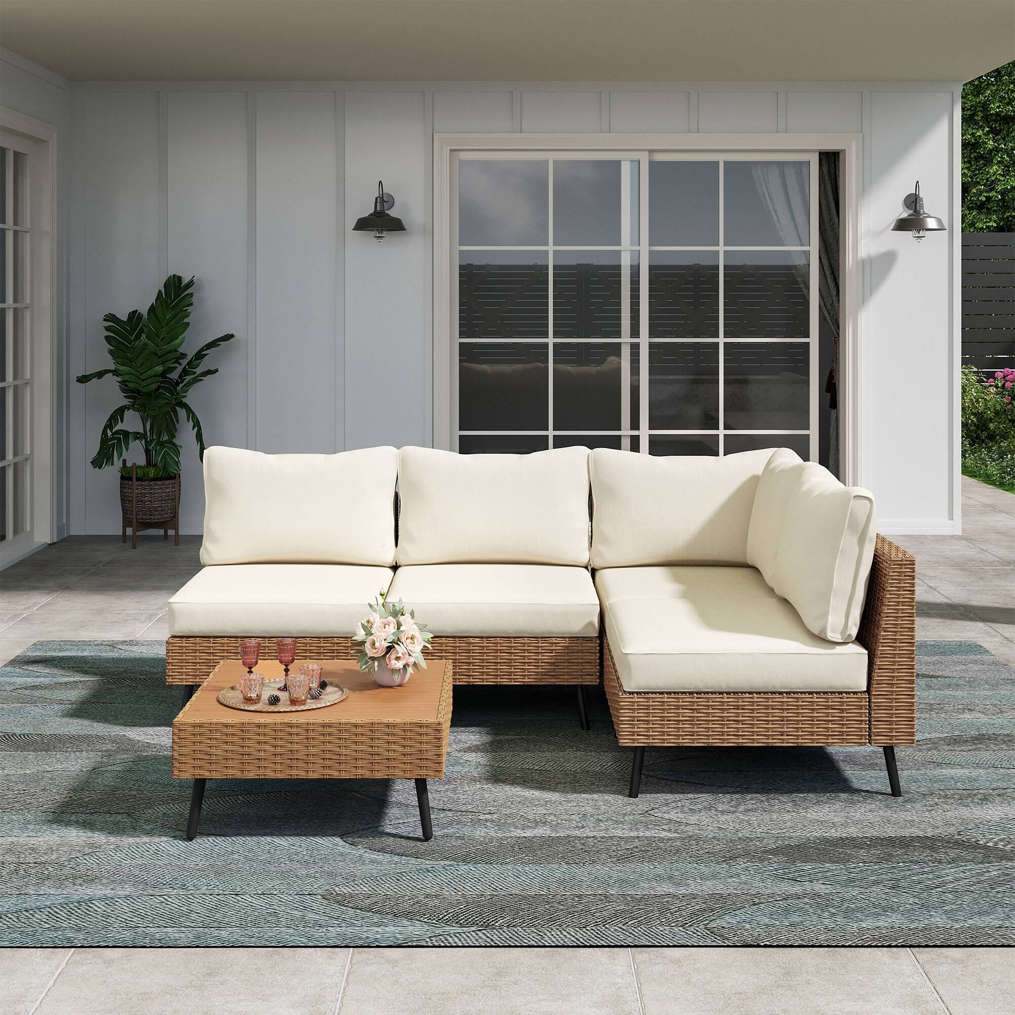 Angle. Yardgrace - 5-Piece PE Rattan Wicker Outdoor Sectional Sofa Set, All-Weather with Thick Cushions for Garden - Beige.