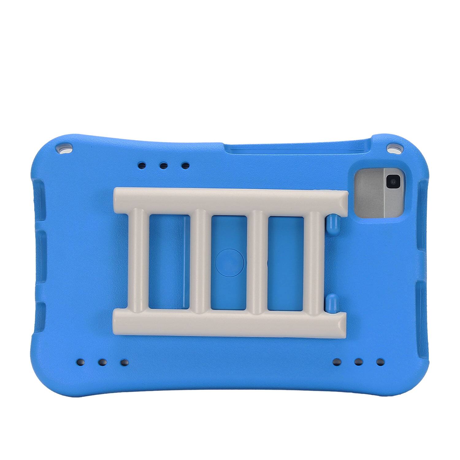 The image shows a blue protective case for a tablet or a large smartphone. The case has a white stand attached to the back, which can be used to prop up the device for viewing. There are cutouts for the camera, buttons, and ports.