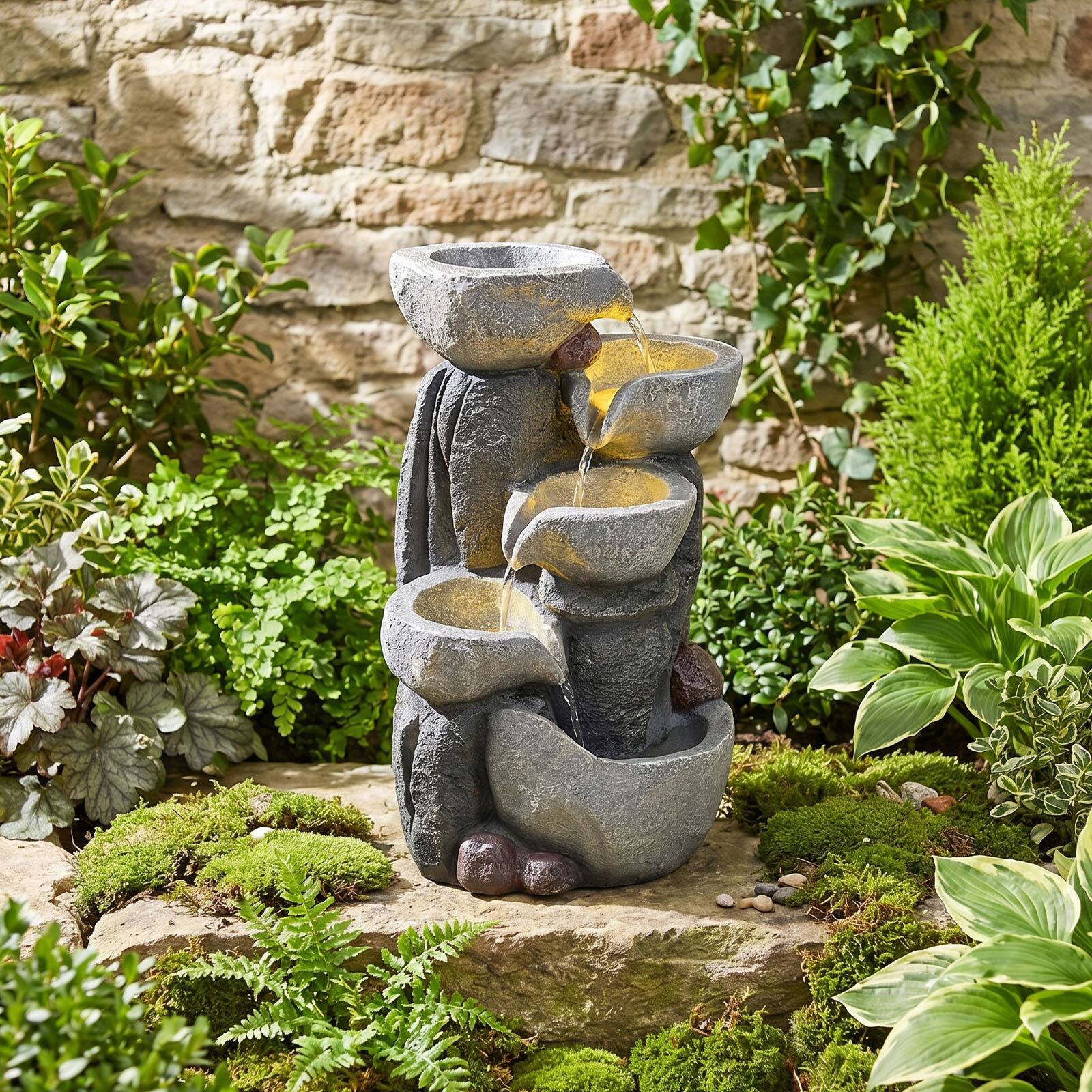 Alt View 3. Costway - Costway 17.5"H Outdoor Water Fountain 5-Tier Cascading Bowl Tabletop Waterfall Fountain - Gray.