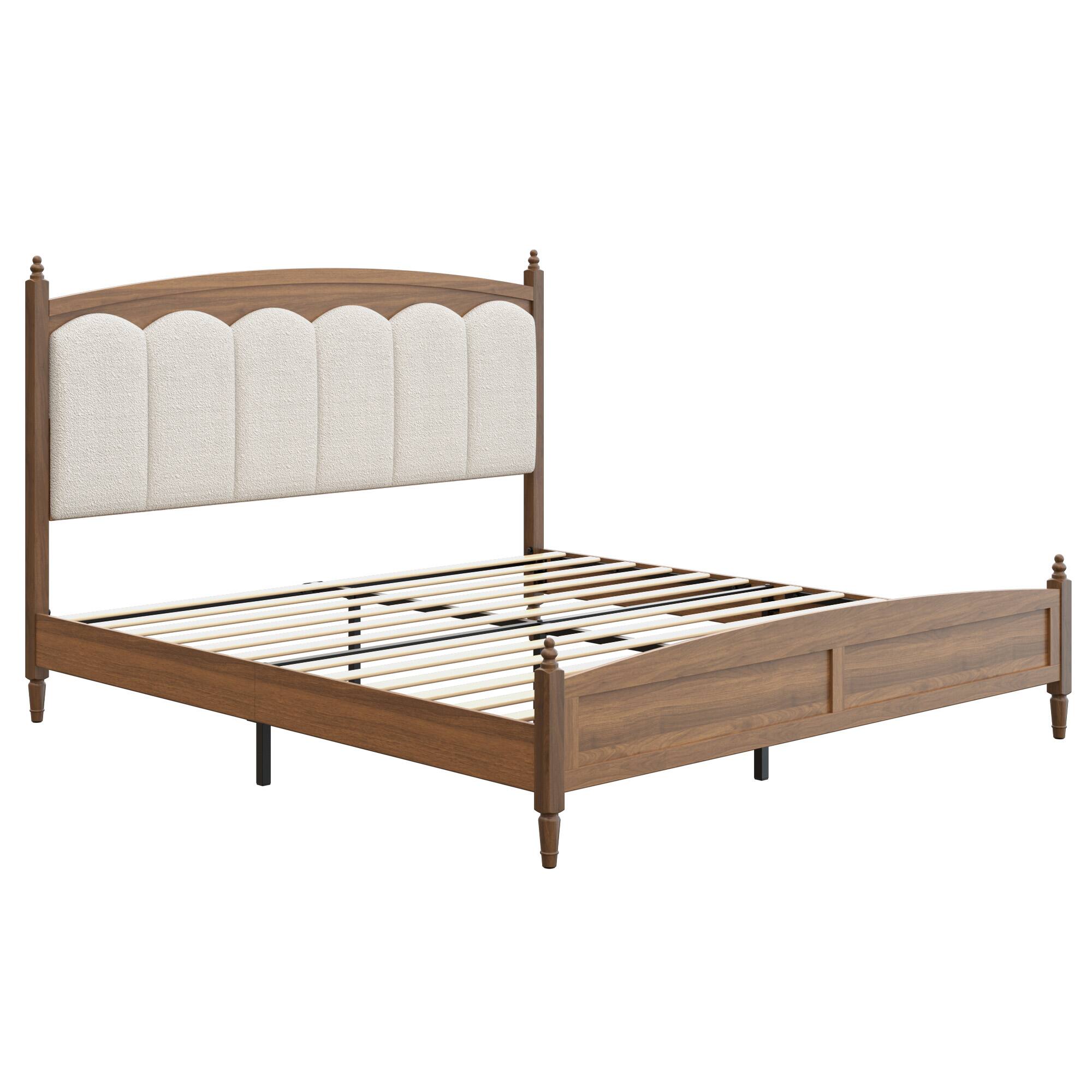 Alt View 3. LUCKY ONE - King Size Platform Bed Frame with Upholstered Headboard - Brown.