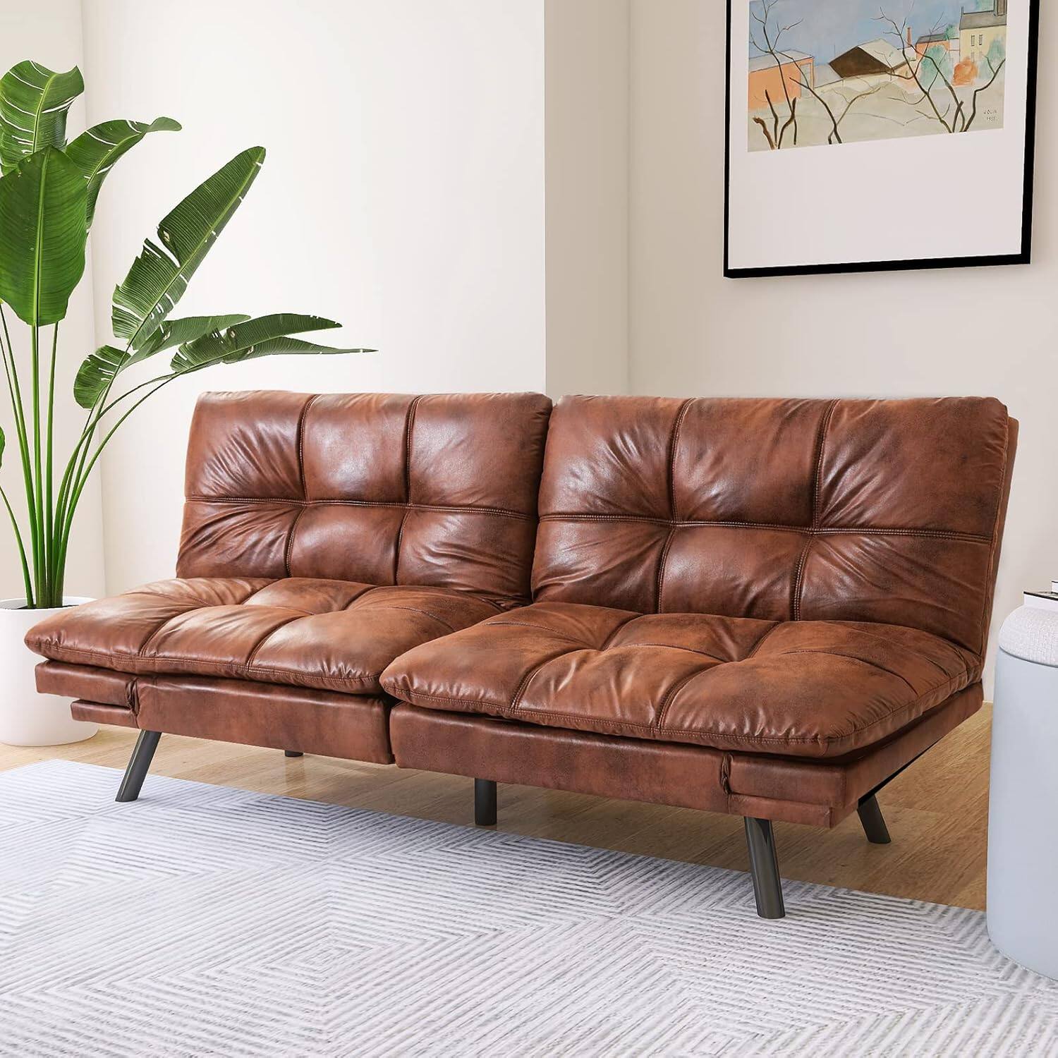 Left. Dyonery - Dyonery Brown Faux Leather Sofa Bed, Adjustable Backrest & Armrests, Multifunctional Small Loveseat Sleeper Sofa - Brown.