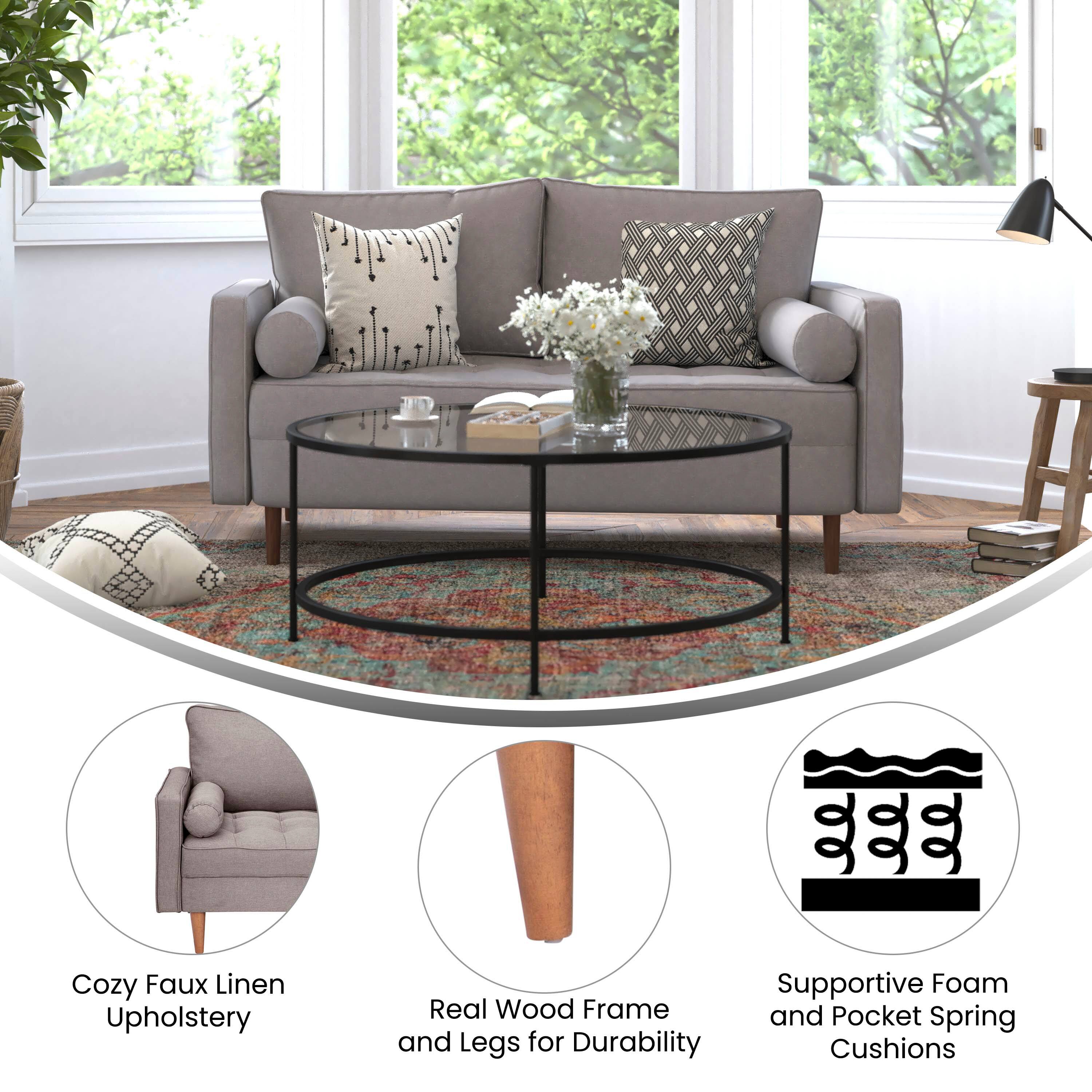 Cozy Faux Linen Upholstery  
Supportive Foam and Pocket Spring Cushions  
Real Wood Frame and Legs for Durability