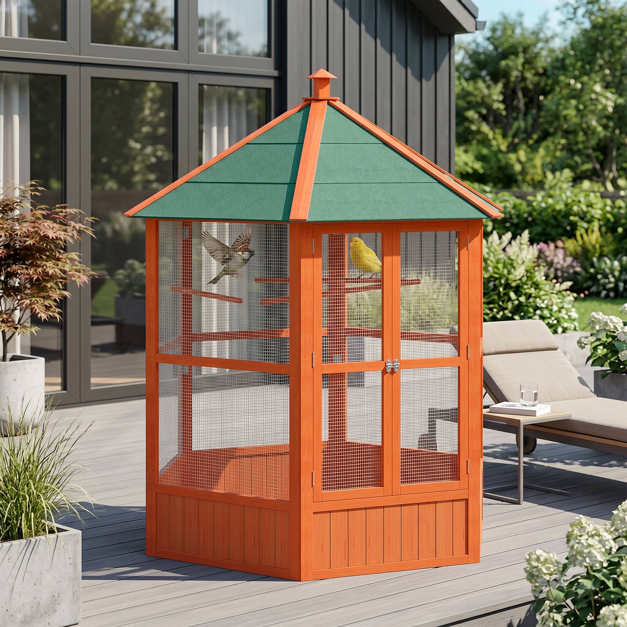 Alt View 1. Pawhut - Wooden Hexagonal Outdoor Aviary Flight Bird Cage With Covered Roof.