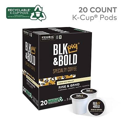 RECYCLABLE K-CUP® PODS  
20 COUNT  
KEURIG® K-Cup® Pods  
BLK & BOLD  
SPECIALTY COFFEE  
MEDIUM ROAST  
RISE & GRIND  
CARAMEL, LEMON, NUTTY, SMOOTH  
20 PODS