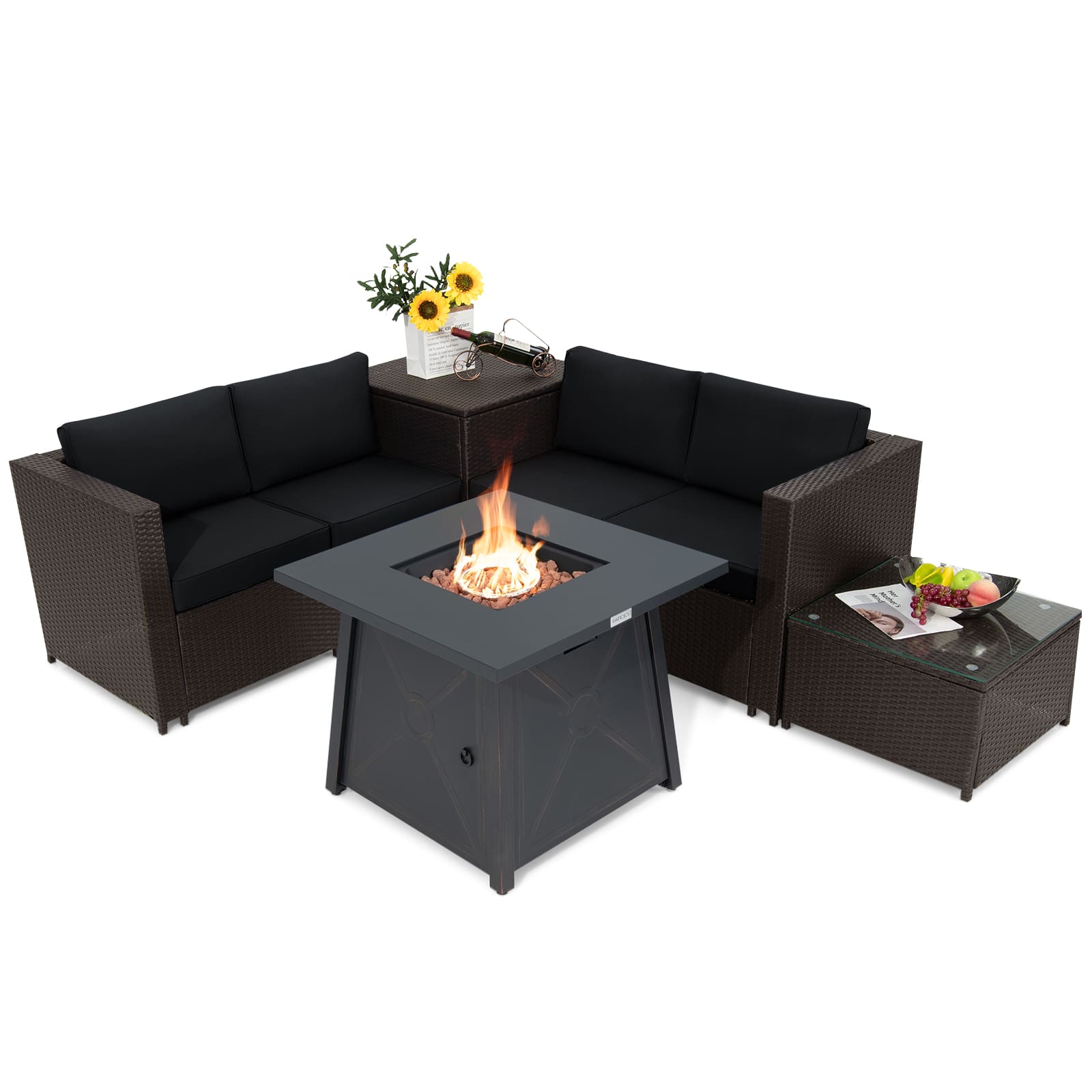 Costway - 5PCS Outdoor Patio Furniture Set with 50,000 BTU Propane Fire Pit Table Cushions - Mix Brown + Black