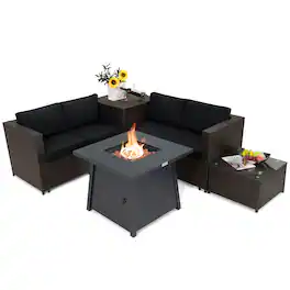 Costway - 5PCS Outdoor Patio Furniture Set with 50,000 BTU Propane Fire Pit Table Cushions - Mix Brown + Black