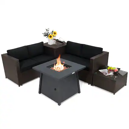 Front. Costway - Costway 5PCS Outdoor Patio Furniture Set with 50,000 BTU Propane Fire Pit Table Cushions - Mix Brown + Black.