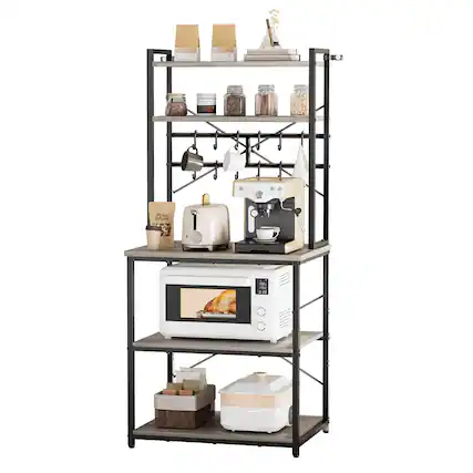 Front. VEVOR - Kitchen Bakers Rack, 23.6 inch Width Bakers Rack, Kitchen Stand with X-Shaped Support Bar, 12 S-Shaped Hooks - Light Gray Wood + Black Iron Tube.