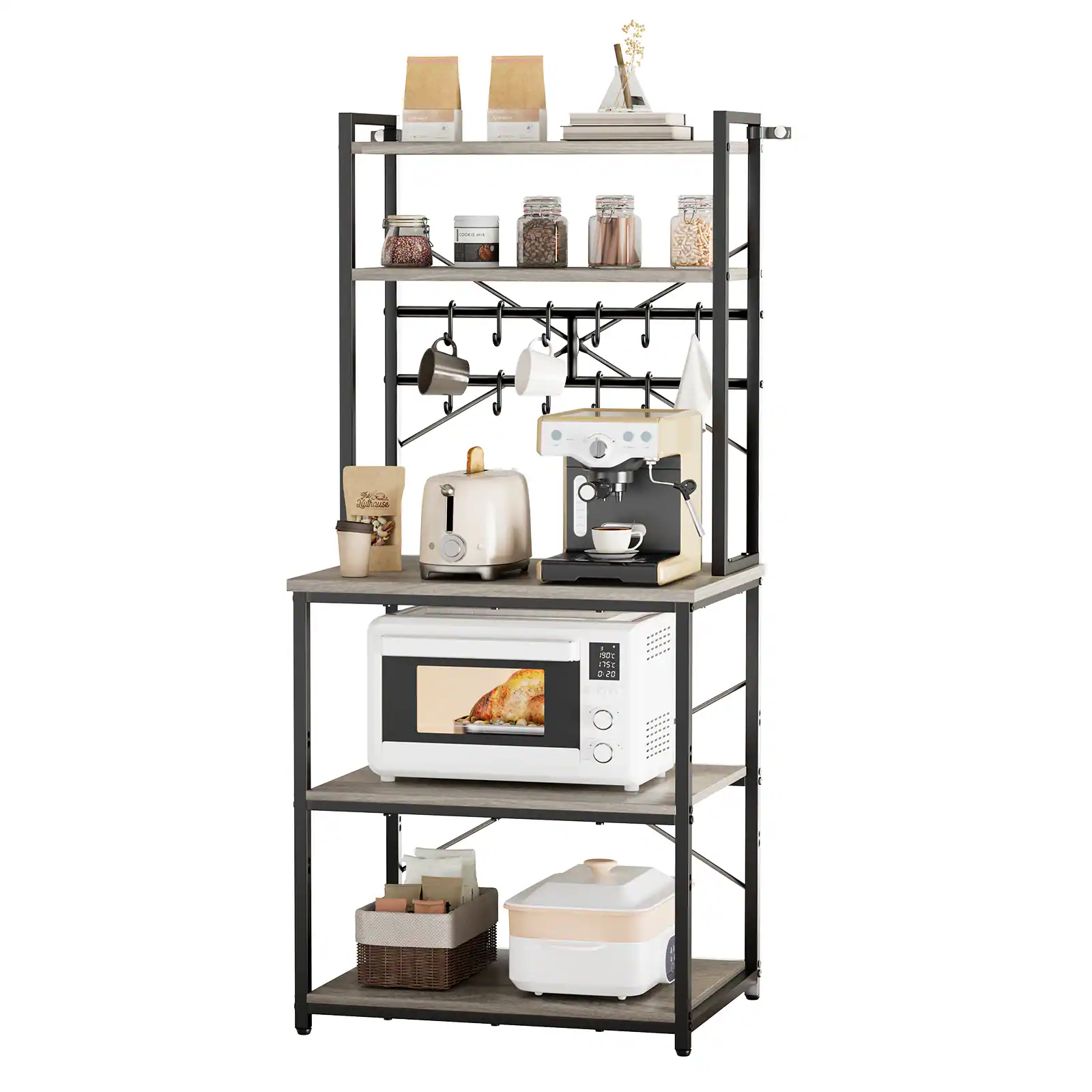 Front. VEVOR - Kitchen Bakers Rack, 23.6 inch Width Bakers Rack, Kitchen Stand with X-Shaped Support Bar, 12 S-Shaped Hooks - Light Gray Wood + Black Iron Tube.