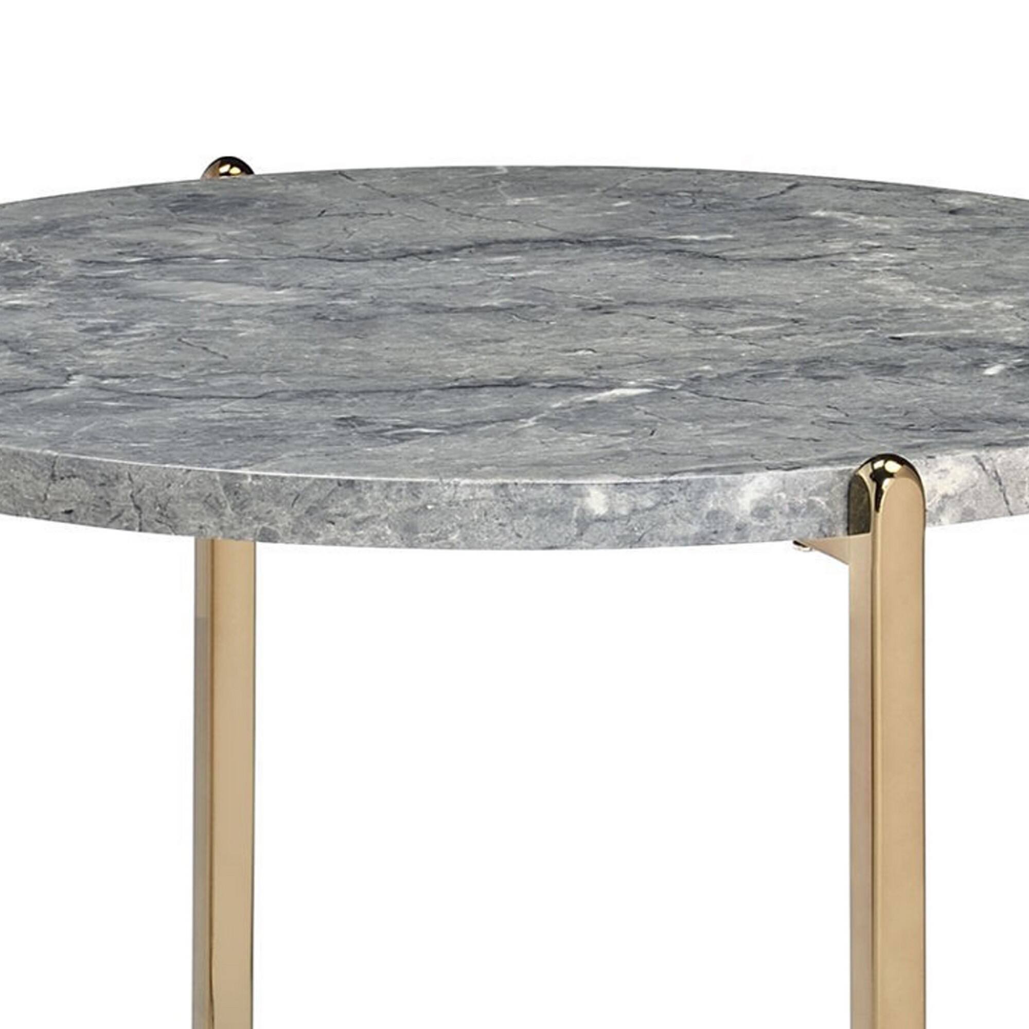 Alt View 2. Manhattan Lane - End Table with Oval Marble Top and X Shaped Support - Gray and Gold.