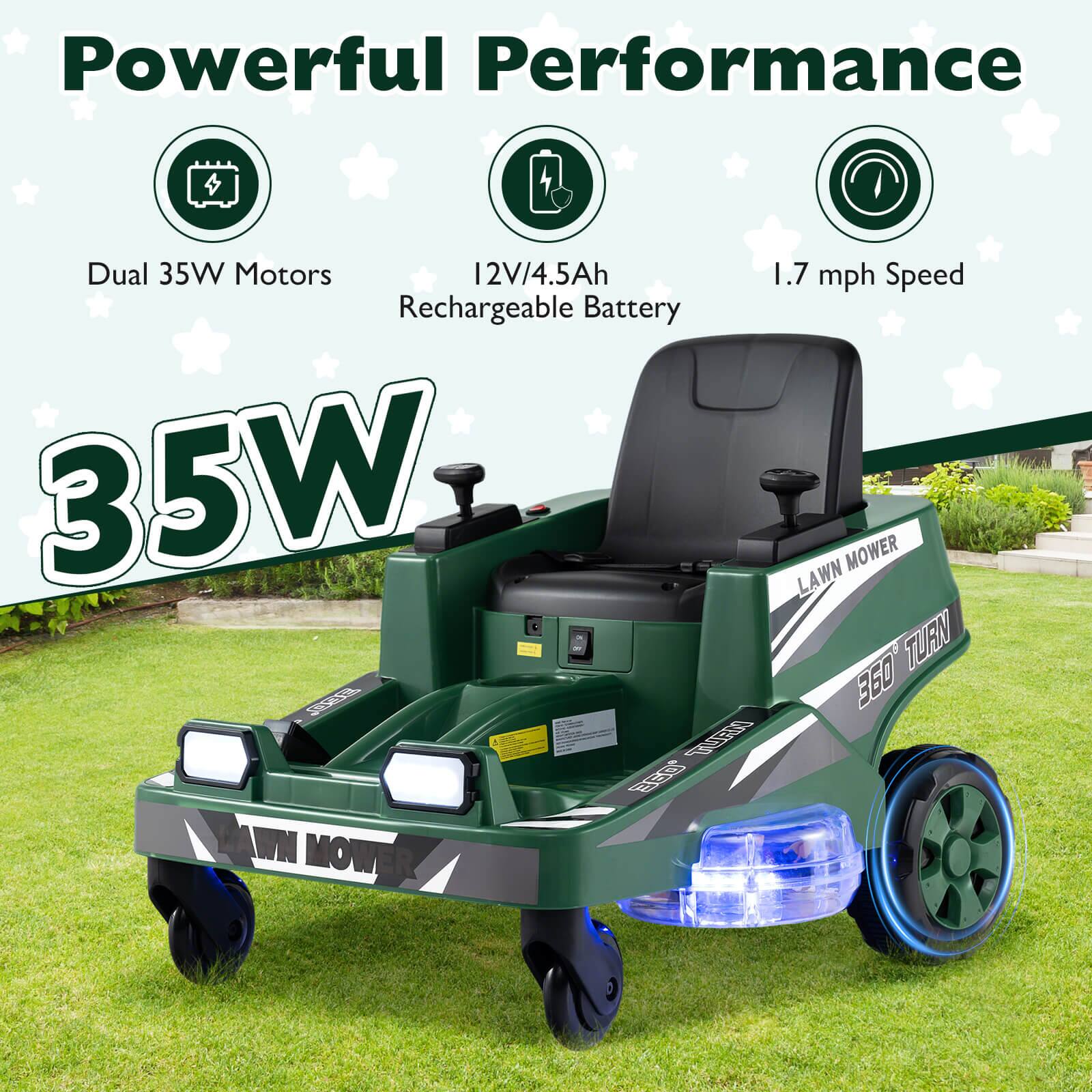 Powerful Performance  
Dual 35W Motors  
12V/4.5Ah Rechargeable Battery  
1.7 mph Speed  

35W  

LAWN MOWER  
360° TURN