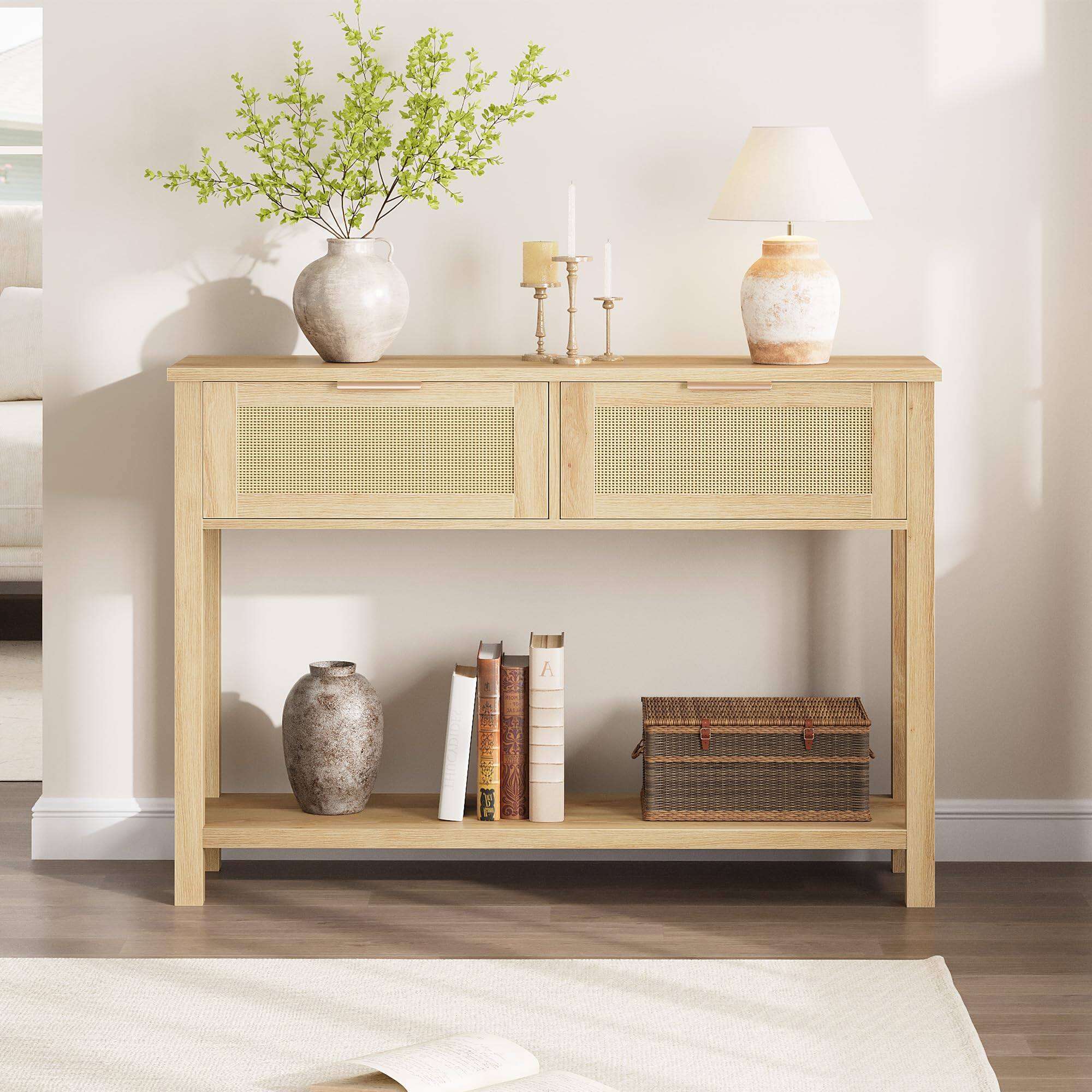 Alt View 1. Jojoka - 43" Rattan Console with 2 Drawers, Boho 2-Tier Narrow Entryway Table Sofa Behind The Couch with Storage - Beige.