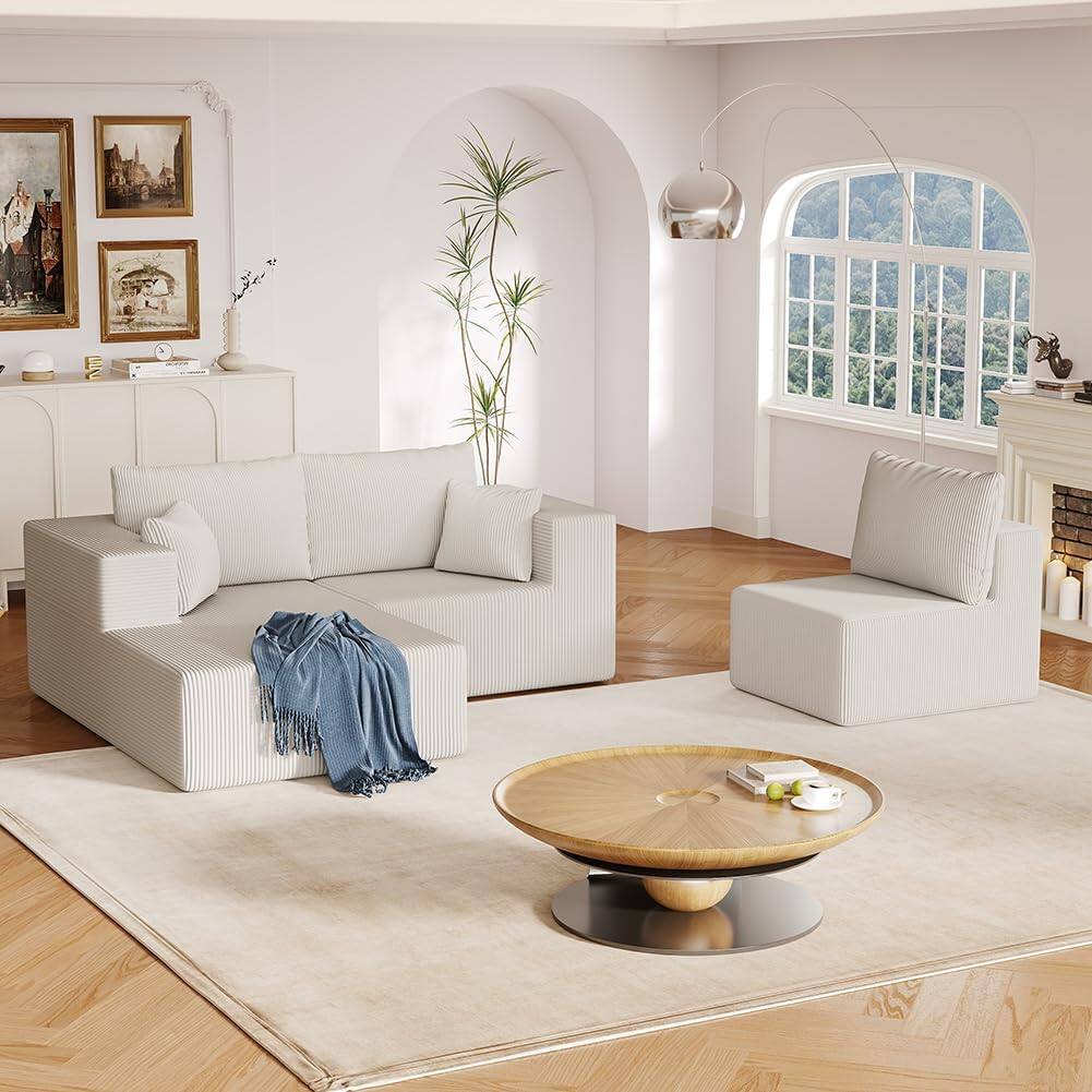 Alt View 5. Trinkets Crazed - 108.3in Sectional Foam Couch, Corduroy Fabric L Shape Sofa with Chaise Lounge - beige.