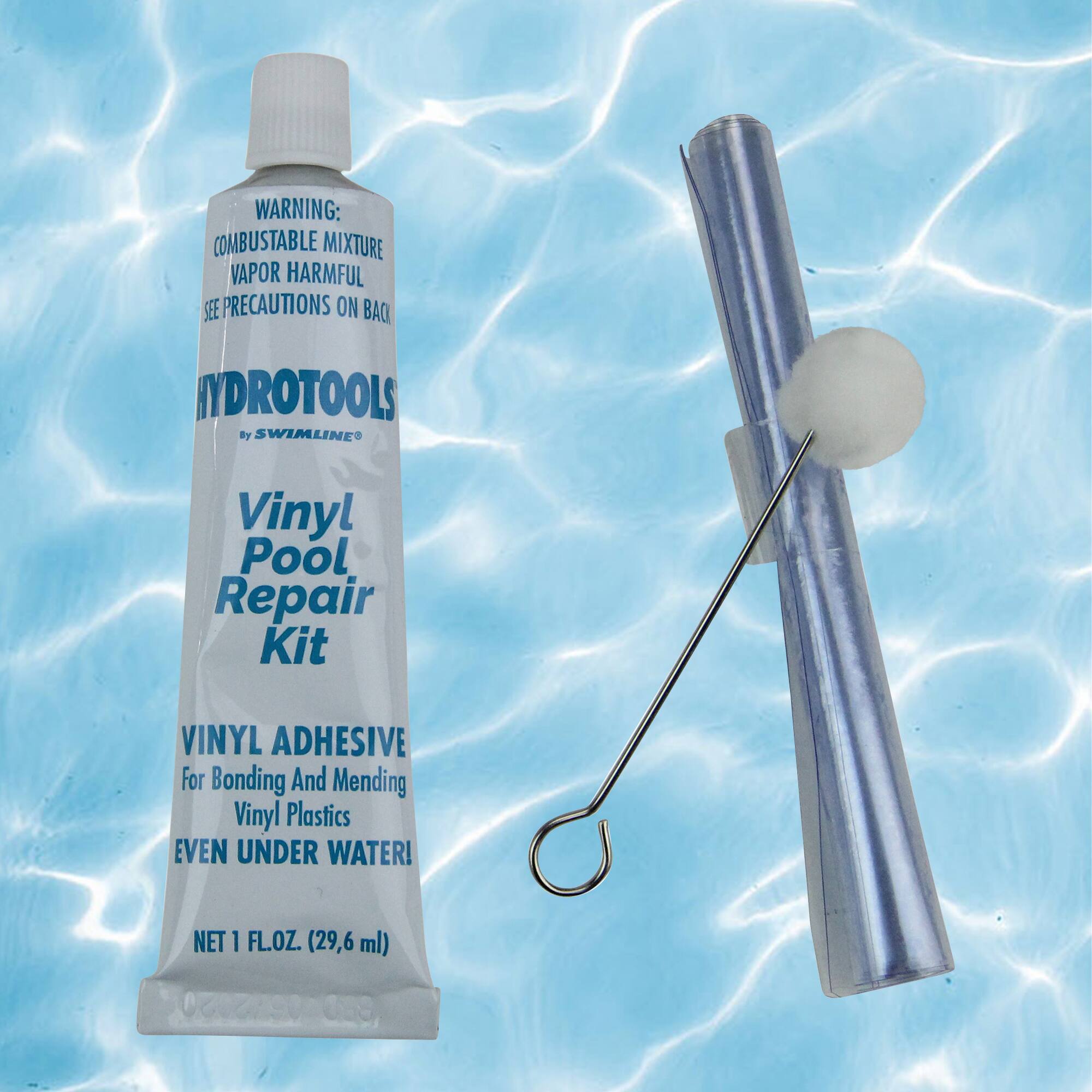 **WARNING:**  
COMBUSTABLE MIXTURE  
VAPOR HARMFUL  
SEE PRECAUTIONS ON BACK  

**HYDROTOOLS**  
by SWIMLINE  

**Vinyl Pool Repair Kit**  

**VINYL ADHESIVE**  
For Bonding And Mending Vinyl Plastics  
EVEN UNDER WATER!  

NET 1 FL.OZ. (29.6 ml)