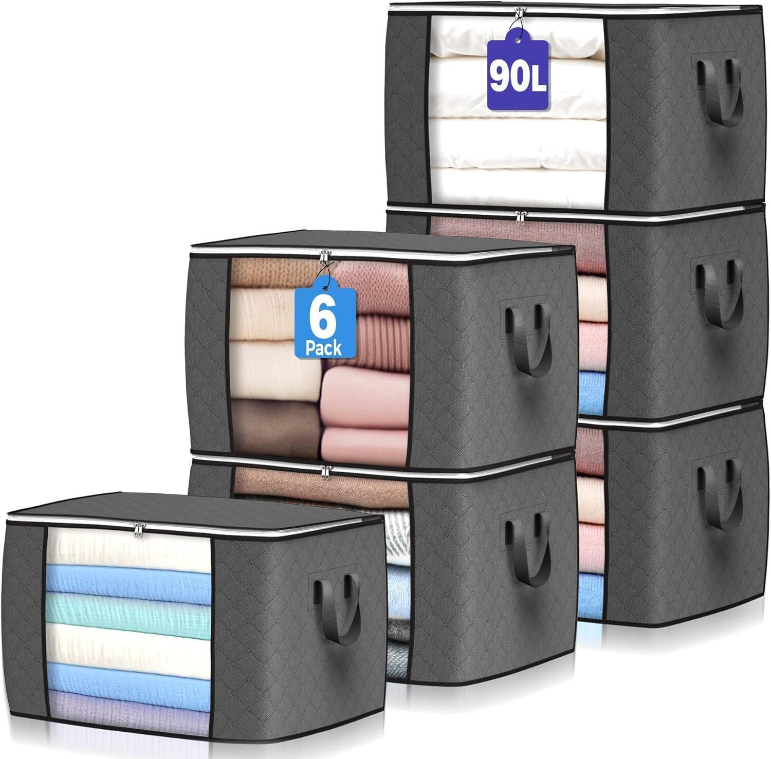 RTMB - 6-Pack Large Foldable Storage Bags, 90L Capacity, Gray, w/ Handles