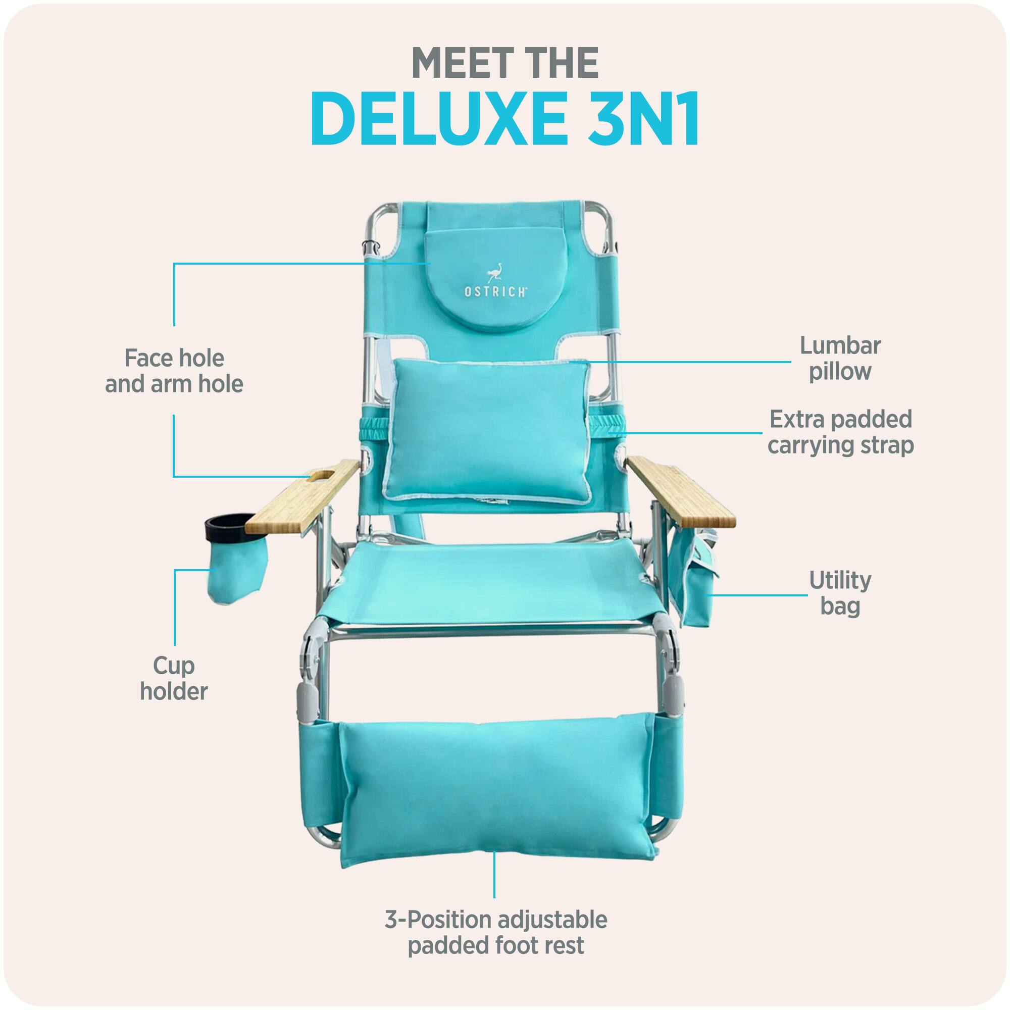 MEET THE DELUXE 3N1

- OSTRICH Face hole and arm hole
- Lumbar pillow
- Extra padded carrying strap
- Utility bag
- Cup holder
- 3-Position adjustable padded foot rest