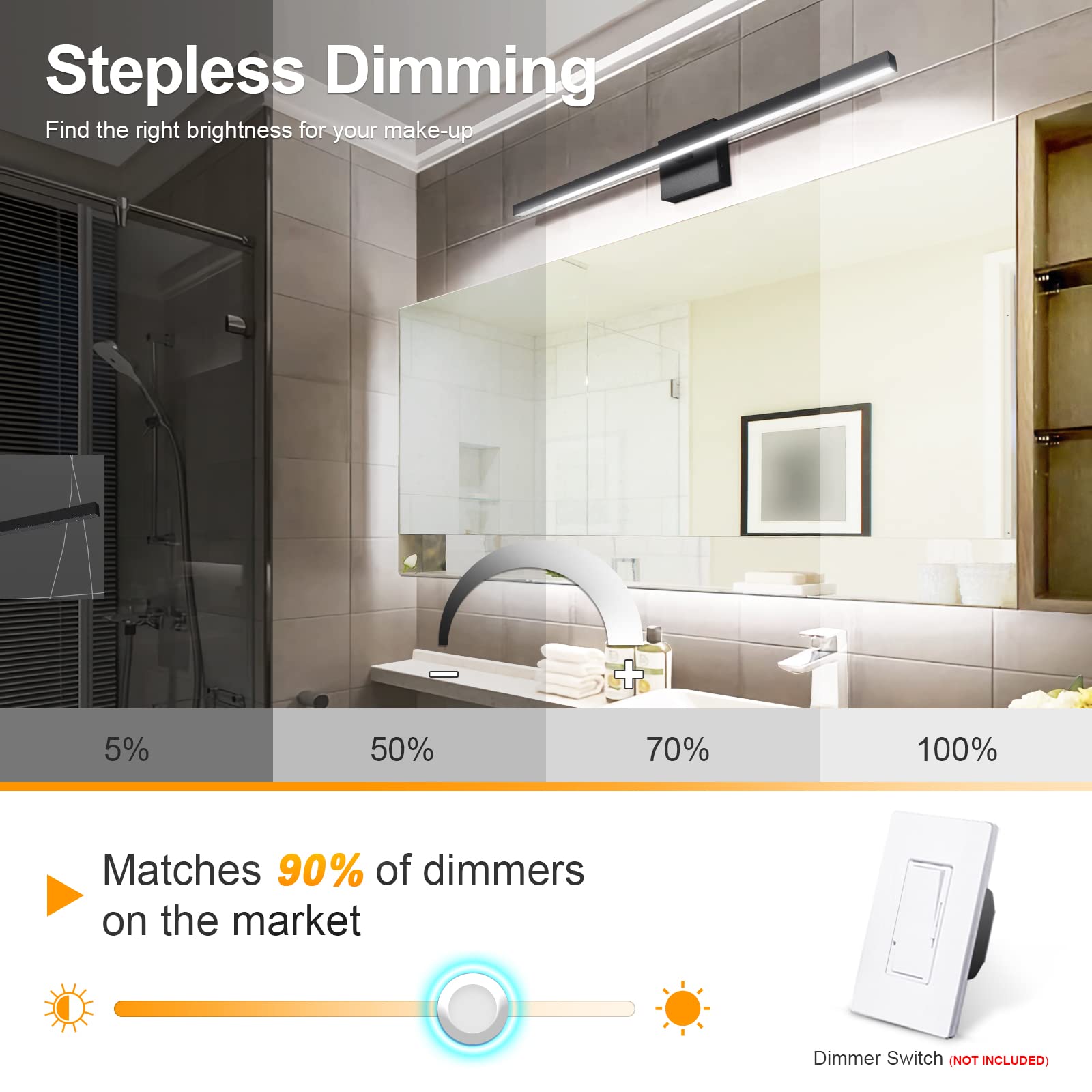 Stepless Dimming  
Find the right brightness for your make-up

5% 50% 70% 100%

Matches 90% of dimmers on the market

Dimmer Switch (NOT INCLUDED)