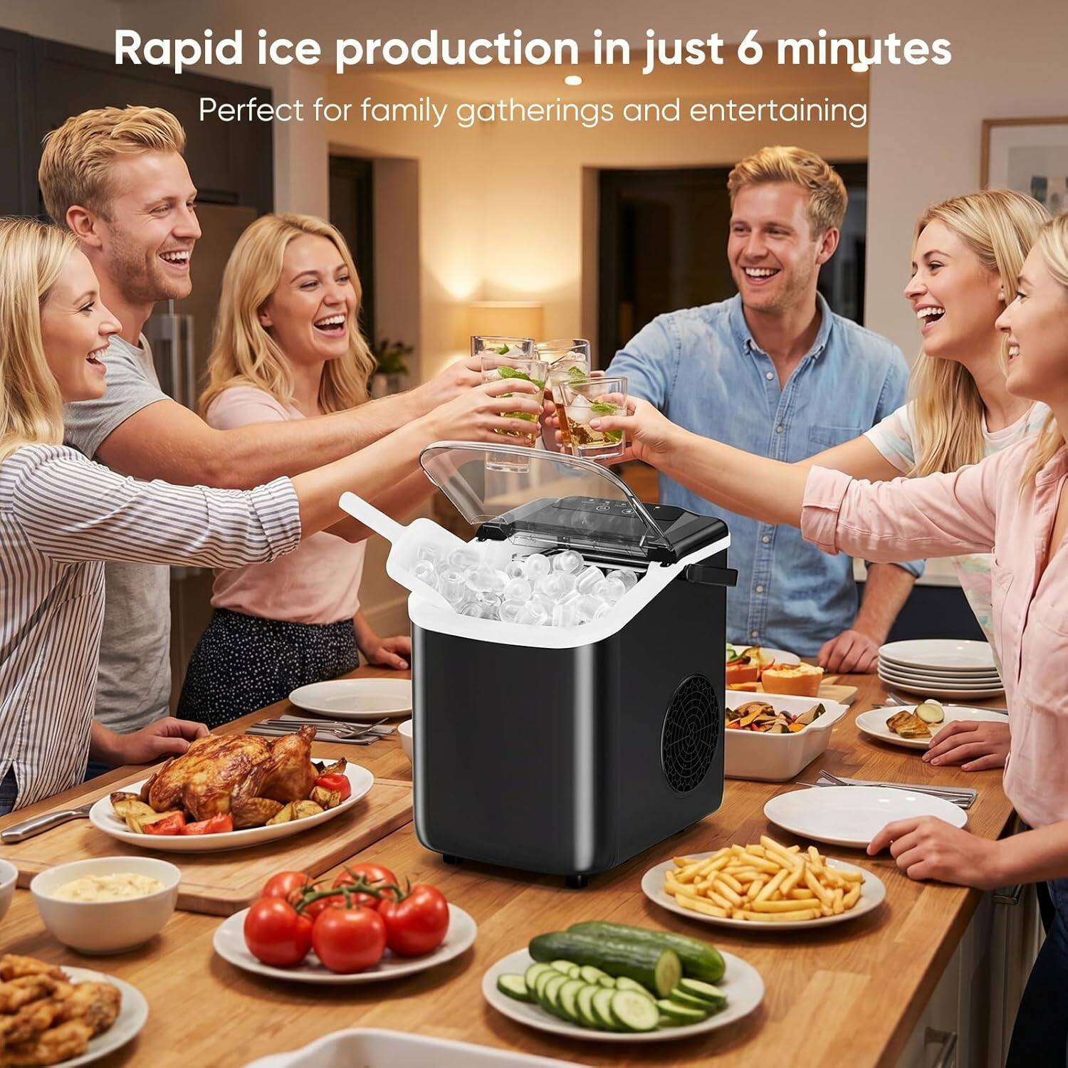 Rapid ice production in just 6 minutes  
Perfect for family gatherings and entertaining