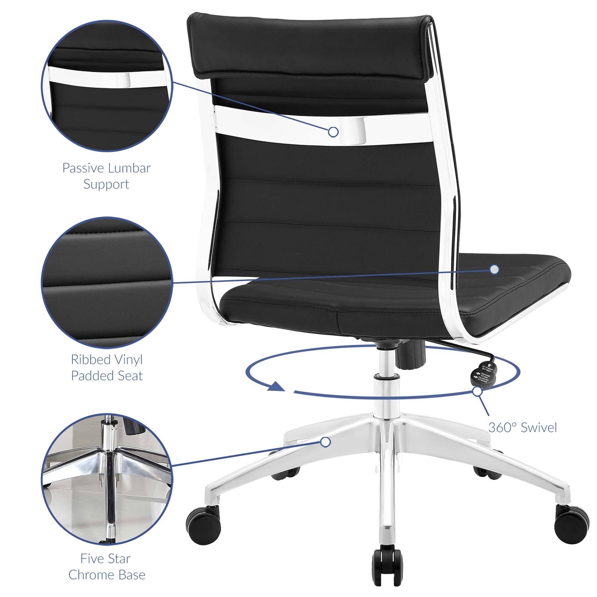 - Passive Lumbar Support
- Ribbed Vinyl Padded Seat
- 360° Swivel
- Five Star Chrome Base
