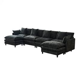 Boyel Living - 140.9In Black Cashmere U-Shaped Sofa with 2 Ottomans 4 Cushions&2 Pillows - Black
