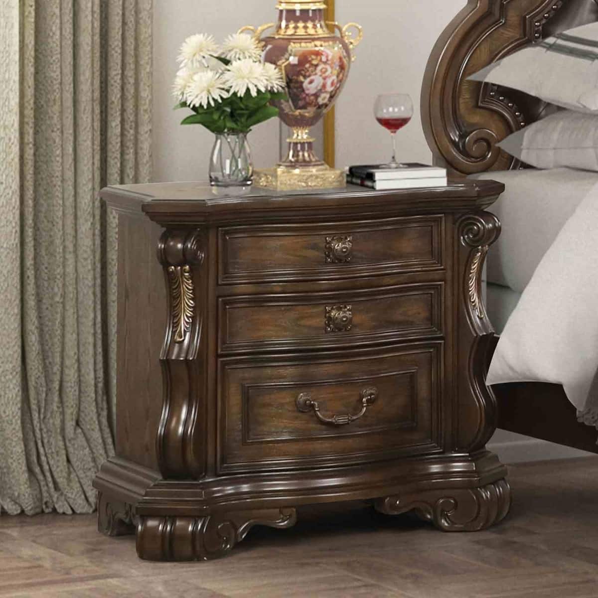 Loheer - Traditional Bedroom Nightstand, Three-Drawer Wood Table with USB Ports - Dark Brown
