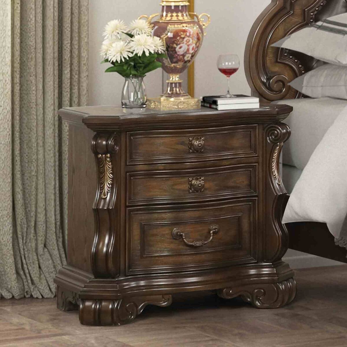 Front. Loheer - Loheer Traditional Bedroom Nightstand, Dark Brown Three-Drawer Wood Table with USB Ports - Dark Brown.
