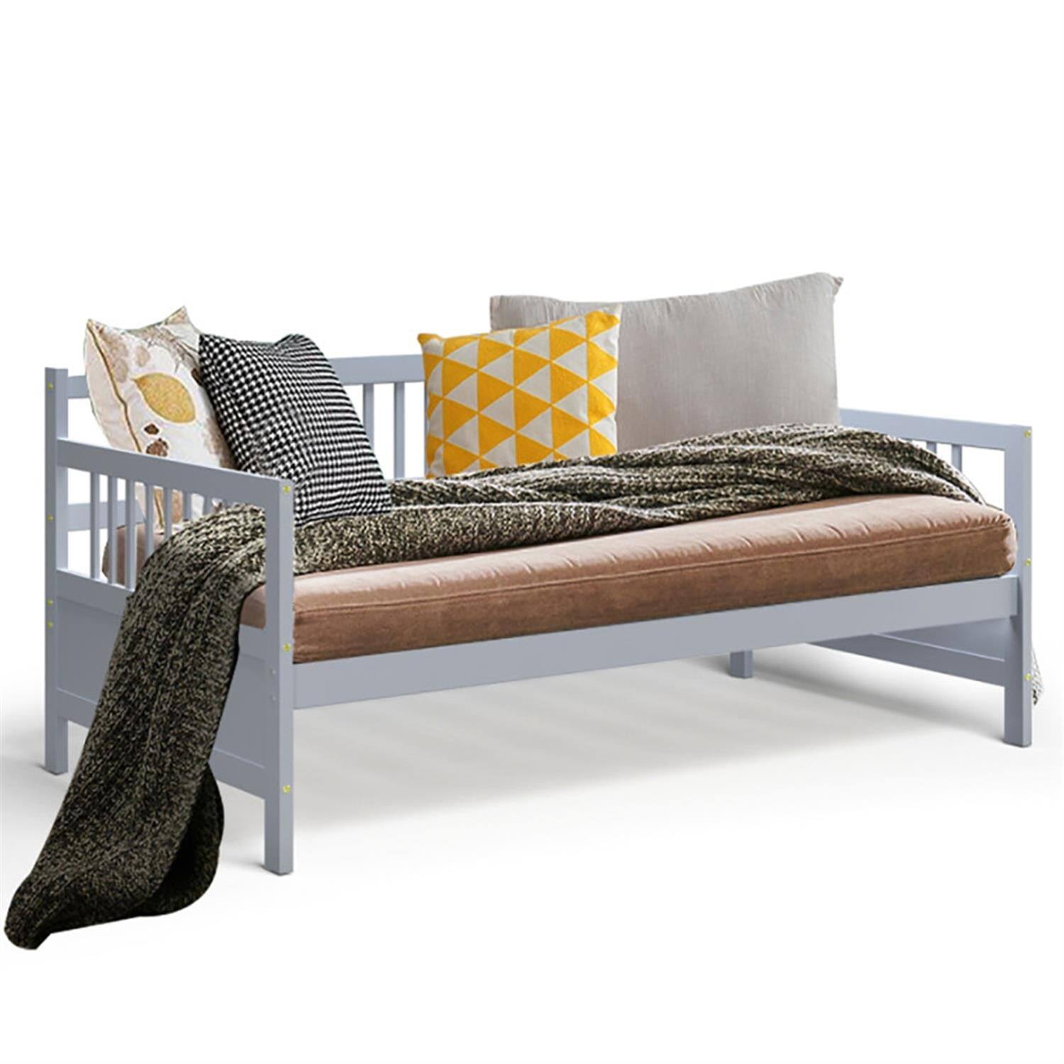 Alt View 4. Pefilos - Twin Size Wooden Slats Daybed Bed with Rails, Modern Bed Frame for Teens, Gray - Gray.