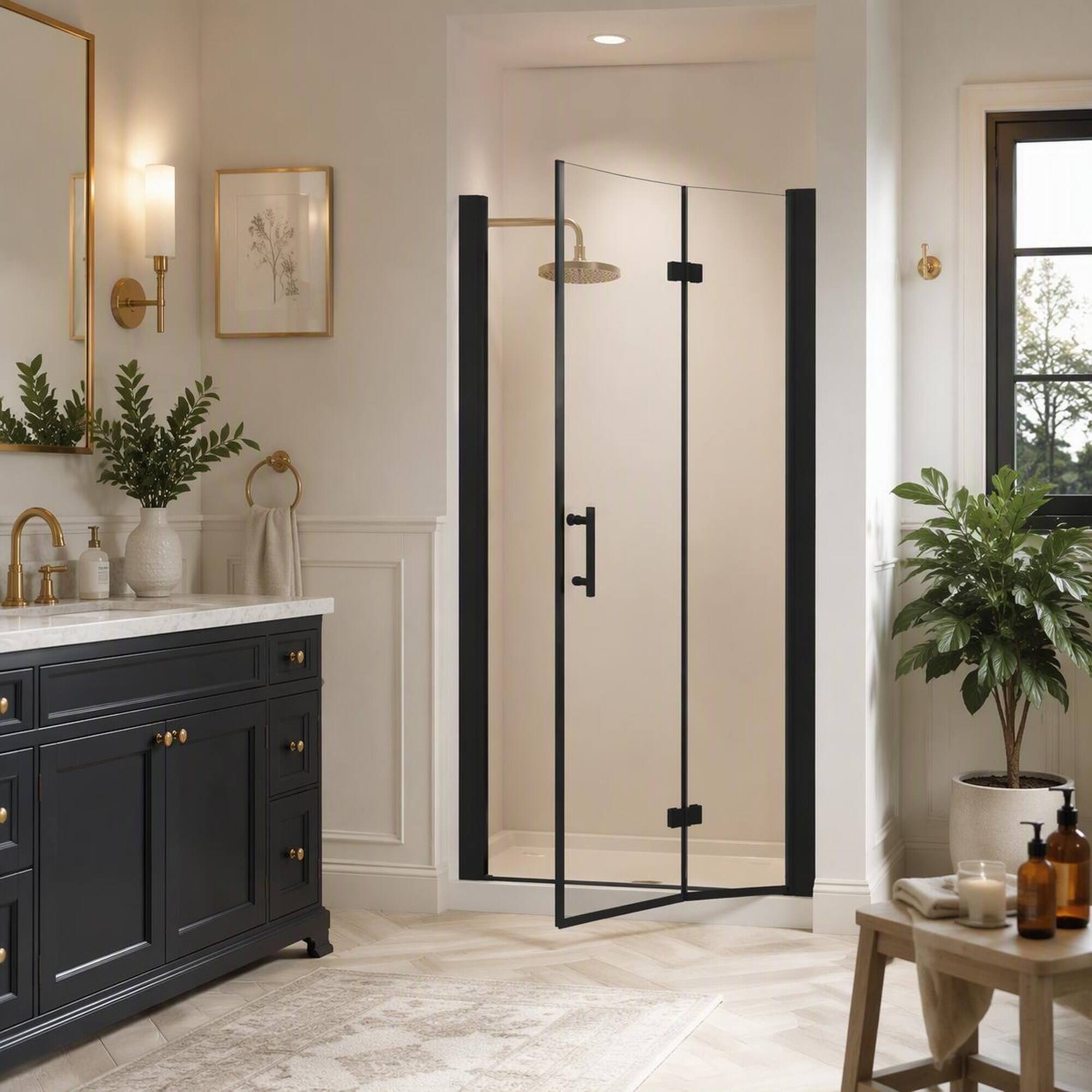 Left. RYHNUYNE - 28-29 In X 72 In Bifold Shower Door, 1/4 In Clear Tempered Glass Matte Black Finish - Matte Black.