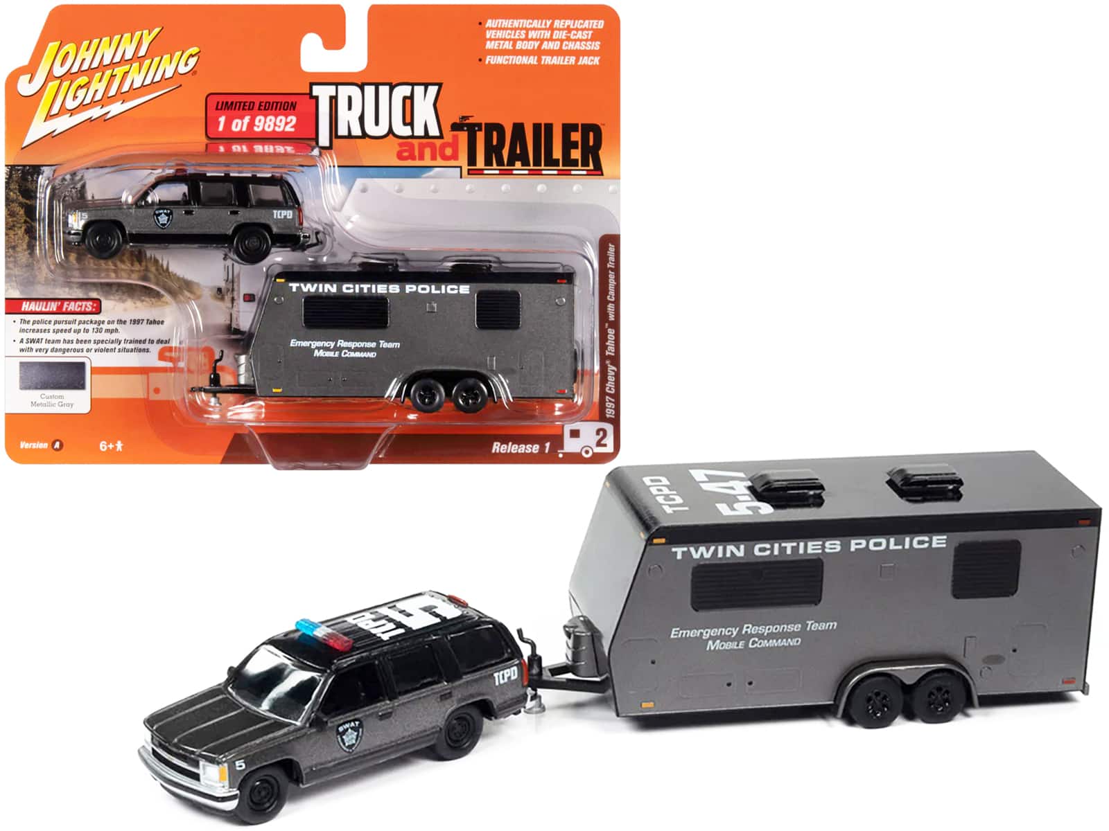 "1997 Chevrolet Tahoe ""SWAT"" Custom Gray Metallic and Black w/Camper Trailer 1/64 Diecast Model Car by Johnny Lightning" price history on PriceWatchPro