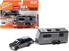 Johnny Lightning - 1997 Chevrolet Tahoe "SWAT" Gray Metallic Black with "Twin Cities Police" Camper Trailer 1/64 Diecast Limited 9892 pcs - Gray Metallic And Black
