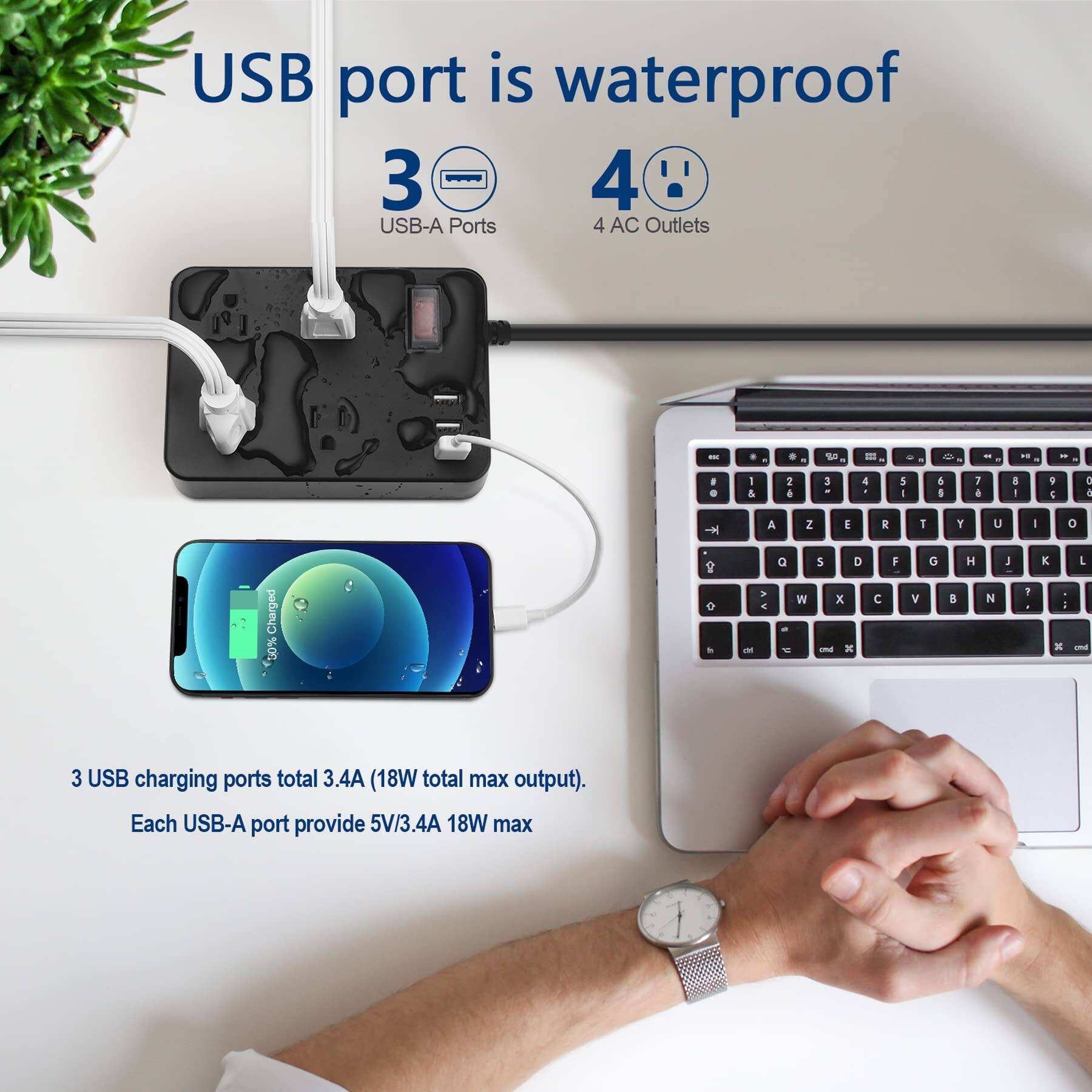 USB port is waterproof

3 USB-A Ports

4 AC Outlets

3 USB charging ports total 3.4A (18W total max output). Each USB-A port provide 5V/3.4A 18W max