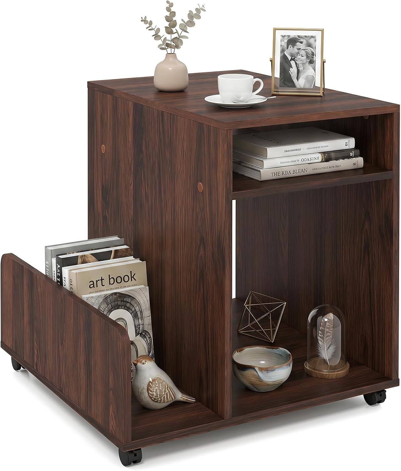 Gymax - Rolling End Table w/Side Storage Rack 4 Universal Wheels 2 Lockable Wheels Coffee - Brown price history on PriceWatchPro