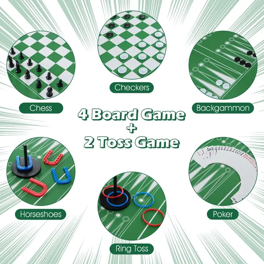 Checkers Chess Backgammon 4 Board Game + 2 Toss Game Horseshoes Poker Ring Toss