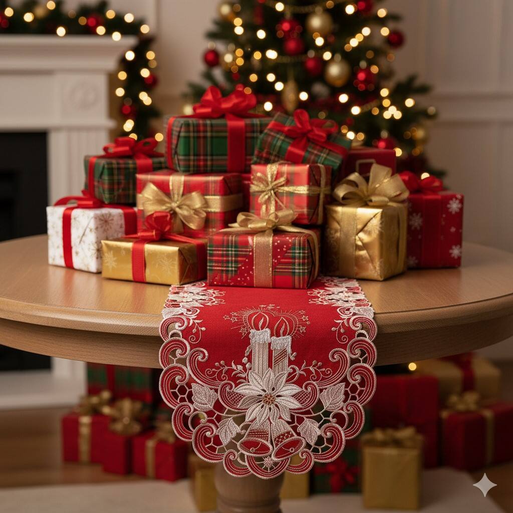 Angle. Jiallo - Poinsettia Embroidered Cutwork Placemat, 12 by 17 inch Table Linen - Red.