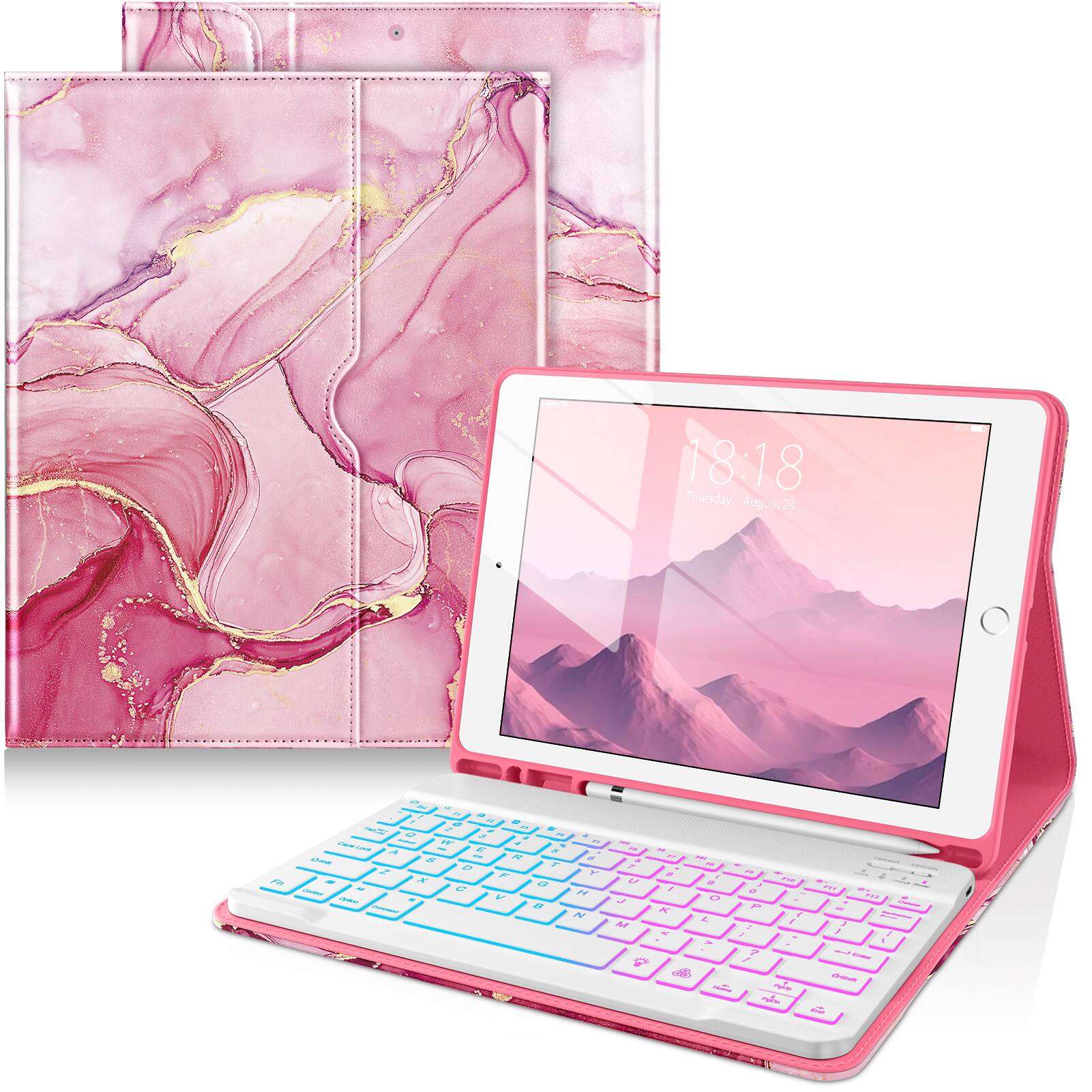 DTTO - Case for iPad 10.2" (7th/8th/9th Gen) Case with Detachable Backlit Keyboard, Pencil Holder & Pocket - Watermelon Marble
