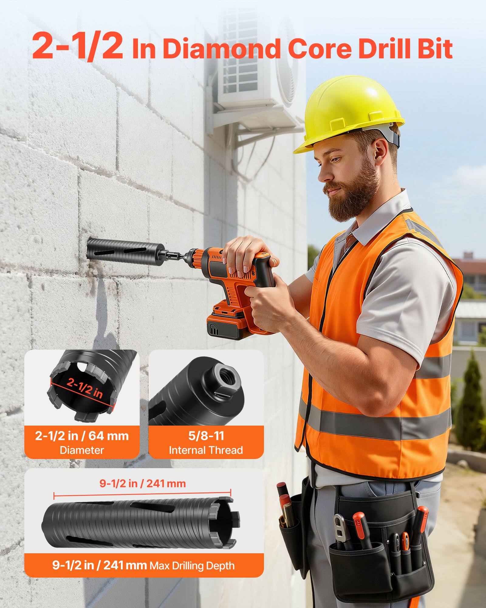 2-1/2 In Diamond Core Drill Bit

- 2-1/2 in / 64 mm Diameter
- 5/8-11 Internal Thread
- 9-1/2 in / 241 mm Max Drilling Depth